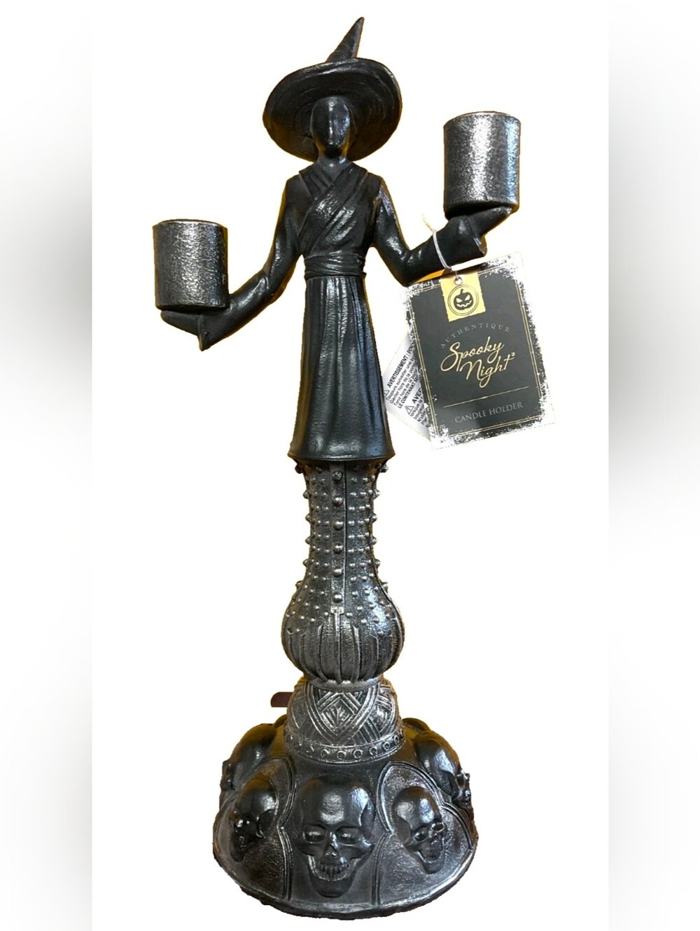 Authentique Spooky Night Witch Skull Candle Holder 14.5” Tall Resin NWT